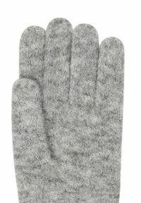 Graue, gestrickte Handschuhe mit einer weichen, strukturierten Oberfläche. Fünf-Finger-Design, abgerundete Spitzen und ein dezentes Muster im gesamten Stoff.