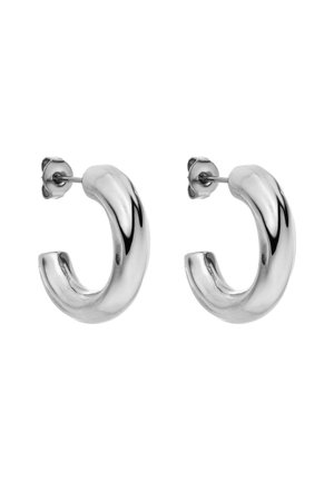 Pair of shiny, silver, thick hoop earrings with post backings, displayed side by side on a plain white background.