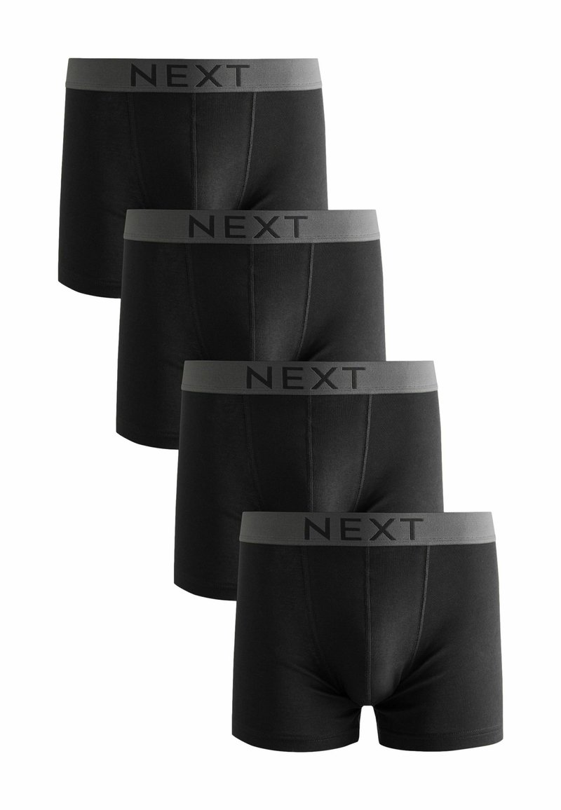 Black boxer briefs grouped in packs of four, featuring a grey elastic waistband with "NEXT" printed in black. Soft cotton material, fitted design.
