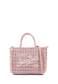 Borsa a tracolla in tweed rosa con dettagli a frange, caratterizzata da un design cucito "Saint Barth". Comprende manici doppi e una tracolla staccabile.