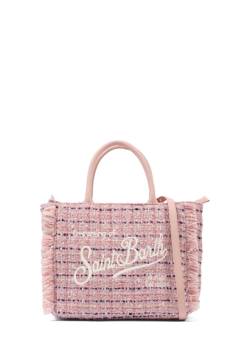 Borsa a tracolla in tweed rosa con dettagli a frange, caratterizzata da un design cucito "Saint Barth". Comprende manici doppi e una tracolla staccabile.