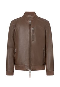 Giubbotto bomber in pelle marrone con colletto e polsini a coste, dotato di molteplici tasche con zip e una superficie liscia.