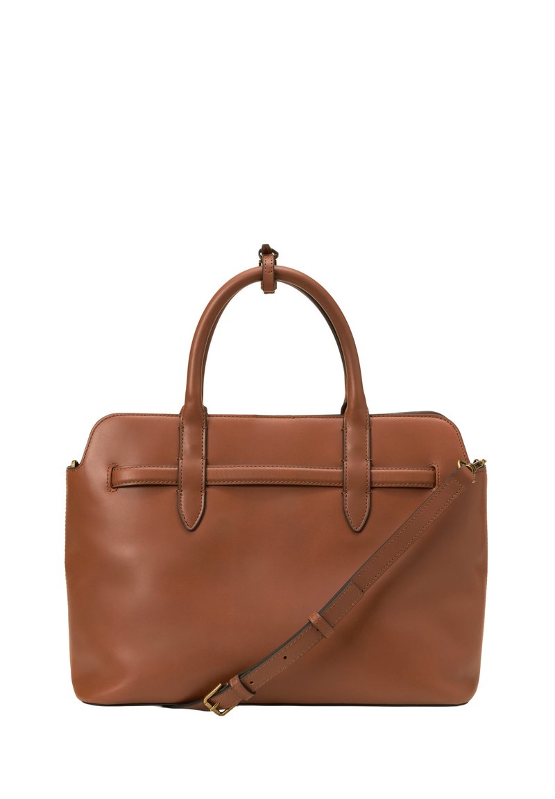 Braune Leder-Handtasche mit abgerundeten Griffen, genähten Details und einem verstellbaren Schulterriemen mit einer goldenen Schnalle.