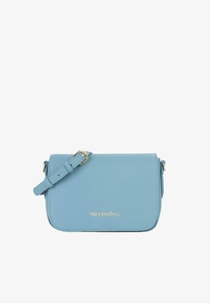 Blauwe gestructureerde leren Valentino crossbody tas met verstelbare band en vergulde logo en beslag.