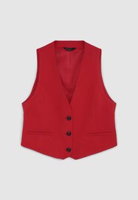 Blazer sans manches rouge avec un col en V profond, doté de trois boutons noirs, deux poches avant, et un tissu à texture lisse.