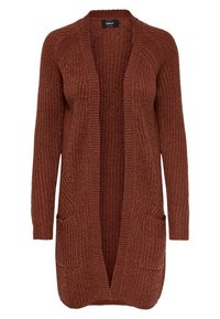 Lange, open voorkant, roestkleurige gebreide cardigan met twee voorzakken en geribbelde afwerking.