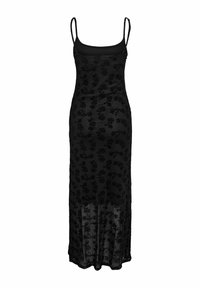 Robe longue noire avec fines bretelles et superposition en dentelle florale, avec une silhouette cintrée et une partie inférieure de jupe semi-transparente.
