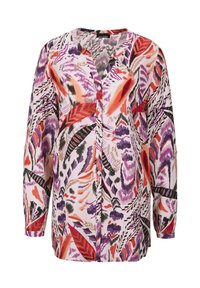 Chemise à boutons à imprimé floral avec des manches longues. Présente des nuances de rose, rouge, violet et noir dans un tissu léger et fluide.