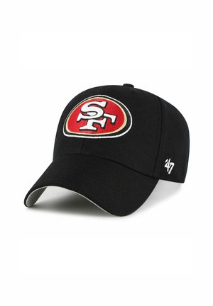 Black baseball cap with a curved brim, featuring an embroidered red and white "SF" logo on the front and a small white logo on the side.