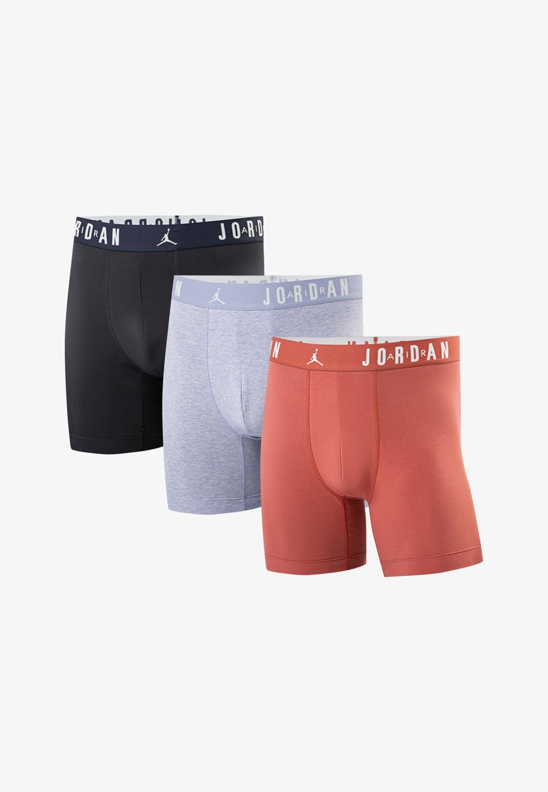 Three pairs of men's boxers in black, light blue heather, and rust red. Each features a contrasting elastic waistband with "JORDAN" logo.