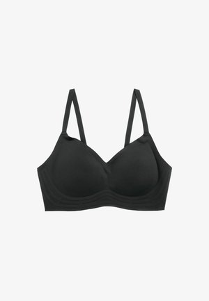 Črn modrček iz gladkega materiala, z oblikovanimi skodelicami in nastavljivimi naramnicami. Ima ukrivljene dekorativne linije na pasu pod skodelicami.