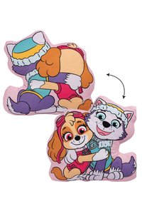 Cuscino a forma di due cani dei cartoni animati che si abbracciano. Il tessuto è morbido con design stampati colorati; sfondo rosa con accenti blu e viola.