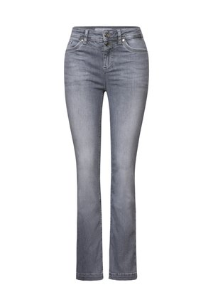 Jeans en denim gris avec une coupe droite, présentant une fermeture à deux boutons et un design à cinq poches, texture lisse et finition délavée.