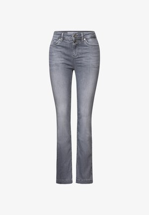 Šedé džíny z denimu s rovnými nohavicemi, vybavené zapínáním na dva knoflíky a pěti kapsami, hladkou texturou a vybledlým vzhledem.