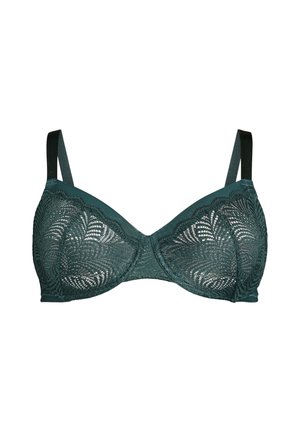 Green lace bra with a structured design. Features delicate floral patterns, adjustable straps, and a smooth finish.