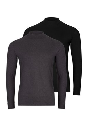Dwie koszulki z długim rękawem i stójką, jedna ciemnoszara z przodu, a druga czarna z tyłu, przedstawione na białym tle.