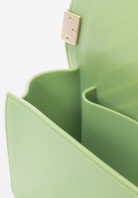 Groene plastic tas met een gouden sluiting, met een interieur dat in compartimenten is verdeeld voor organisatie en een gladde, glanzende textuur.