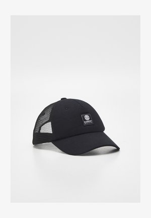 Casquette de baseball noire avec un devant en tissu solide et des panneaux en maille à l'arrière, comportant un écusson logo carré à l'avant.