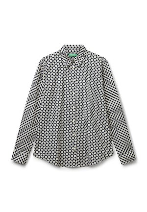 Langarm overhemd in het wit met een marineblauw geometrisch patroon. Beschikt over een puntkraag en een rechte zoom. Katoenen stof met een gladde textuur.