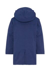 Parka con cappuccio di colore blu navy, dalla texture liscia, con design lunghezza ginocchio e uno spacco sul retro per facilitare i movimenti.