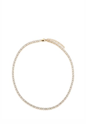 Tennis-Halskette in Gold-Ton mit runden klaren Kristallen und Karabinerverschluss mit verstellbarer Kette auf weißem Hintergrund.