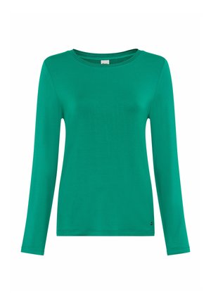 Groen shirt met lange mouwen gemaakt van gladde stof. Heeft een ronde halslijn en een klein logo-accent bij de zoom aan de linkerkant.