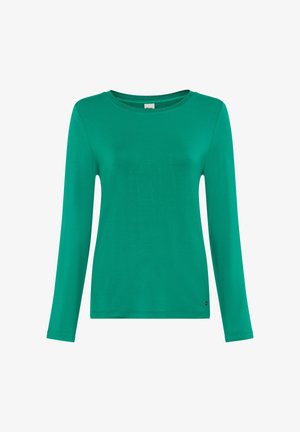Groen shirt met lange mouwen gemaakt van gladde stof. Heeft een ronde halslijn en een klein logo-accent bij de zoom aan de linkerkant.