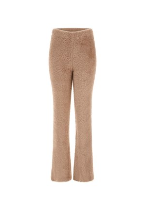 Frasiga, beige utsvängda byxor med en mjuk textur och en slät midja. Benen har en avslappnad passform som svänger ut lite vid nederkant.