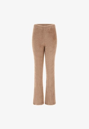 Hedvábné, béžové rozšiřující se kalhoty s jemnou texturou a hladkým pásom. Nohy majú pohodlný strih, ktorý sa na konci mierne rozširuje.