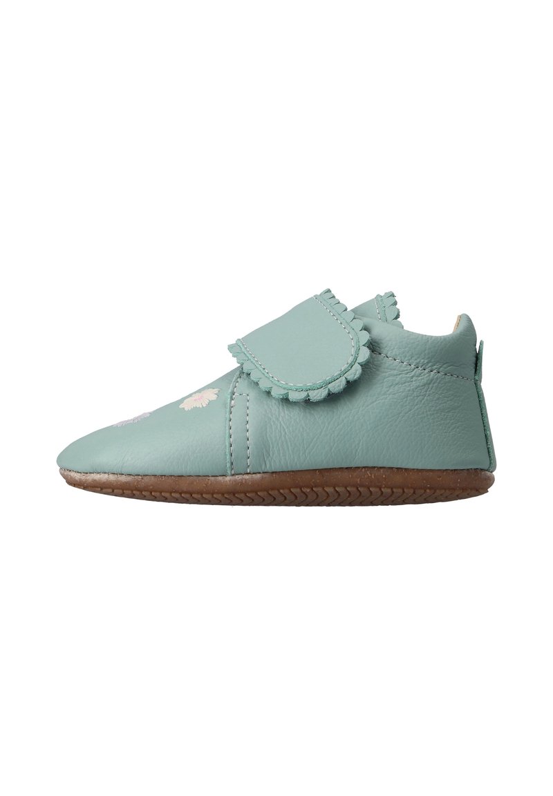 Light blue leather baby shoes with a round toe, scalloped flap, and floral embroidery. Rubber sole with textured grip for traction.