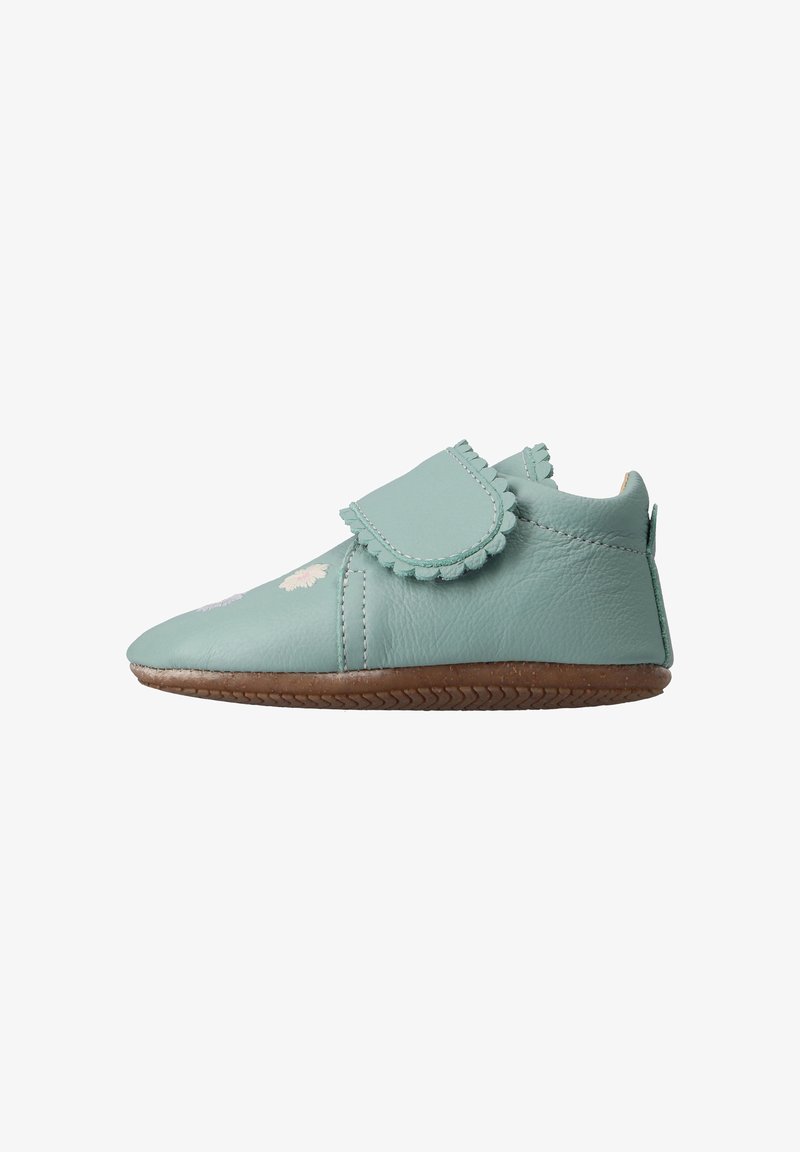 Light blue leather baby shoes with a round toe, scalloped flap, and floral embroidery. Rubber sole with textured grip for traction.