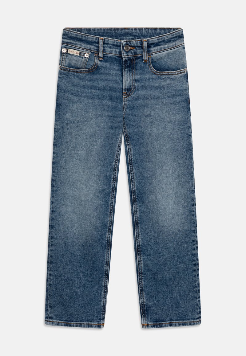 Blå denim jeans med rett benklipp, fem-lomme design og kontrasterende sømmer. Har en frontknapp og glidelås lukking.