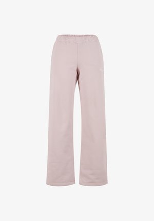 Pantalon à jambes larges avec taille élastique rose clair et logo discret sur le côté, conçu pour une tenue décontractée.