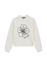 White sweater with long sleeves, featuring a black embroidered flower design and the text "COLLECT FLOWERS" underneath. Ribbed neckline and cuffs.