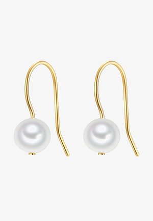 Boucles d'oreilles en or à crochet, chacune avec une perle blanche ronde suspendue à l'extrémité sur un fond blanc.