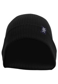 Black knitted beanie with a ribbed texture, featuring a small blue and white logo patch on the side. Simple and fitted design.