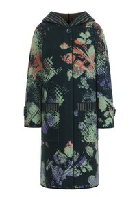 Wool coat with a hood, featuring a dark green base and colorful floral patterns in orange, purple, and light green. Two front pockets.