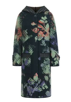 Wool coat with a hood, featuring a dark green base and colorful floral patterns in orange, purple, and light green. Two front pockets.