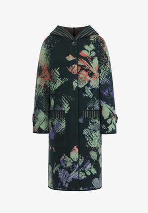 Wool coat with a hood, featuring a dark green base and colorful floral patterns in orange, purple, and light green. Two front pockets.