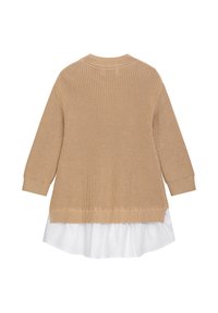 Beiger Strickpullover mit gerippter Textur, featuring einem weißen, gestuften Saum und langen Ärmeln. Crewneck-Design mit lässiger Passform.