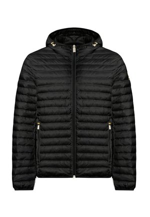 Veste matelassée noire à capuche avec fermeture éclair intégrale devant et poches latérales zippées, conçue pour une chaleur légère et un usage décontracté.