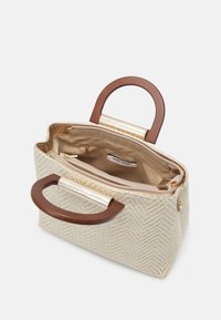 Small beige handbag with a herringbone pattern, wooden handles, and golden hardware. Features a fabric-lined interior with a zip pocket.