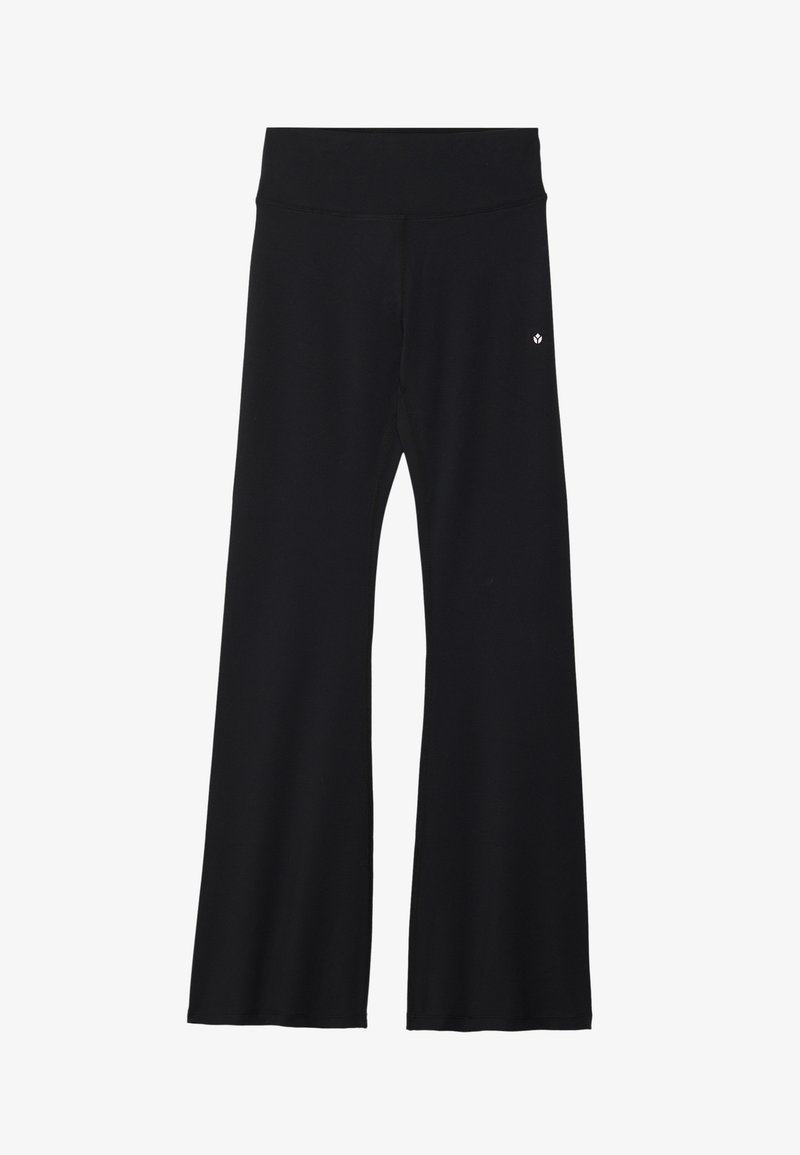 Calças pretas com folga, feitas de material elástico, com uma cintura larga e um pequeno logótipo na anca. Textura lisa e design de comprimento total.