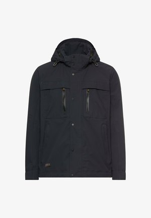 Sort hættejakke med trykknapper foran, to brystlommer med lynlås og to sidelommer, designet til udendørs brug.