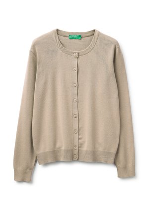 Cardigan beige a maniche lunghe con bottoni, colletto, polsini e orlo a coste, etichettato United Colors of Benetton.