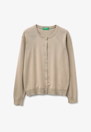 Beiger langärmeliger, knöpfbarer Cardigan mit geripptem Kragen, Bündchen und Saum, mit dem Etikett United Colors of Benetton.
