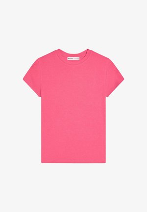 Solid hot pink short-sleeve crew neck t-shirt with a simple, fitted cut and a small brand label inside the collar.