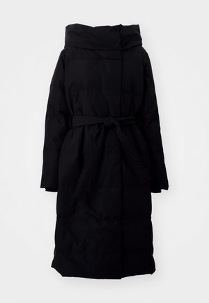 Black puffer coat with a hood, belt at the waist, long sleeves, and rectangular quilted design. Smooth texture and knee-length cut.