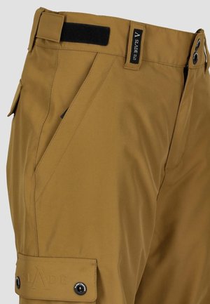 Braune Cargo-Hosen mit glatter Textur, ausgestattet mit Seitentaschen, Knopfverschlüssen und einem verstellbaren Bund mit Klettverschluss.