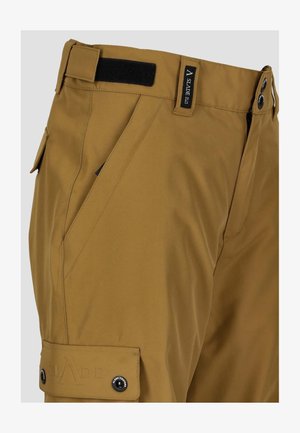 Pantalons cargo bruns avec une texture lisse, dotés de poches latérales, de fermetures à bouton et d'une taille ajustable avec une sangle Velcro.